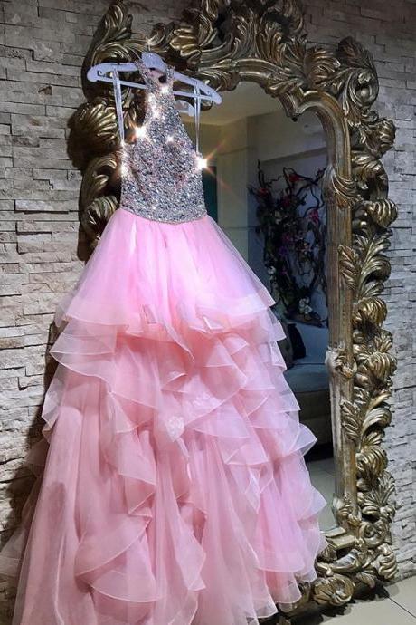 Sexy Sleeveless Prom Dress, Crystal Beaded Pink Ruffles Tulle Prom Dresses, Pretty Long Evening Dress,pd14991