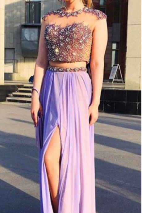Sexy Sleeveless Prom Dress, Beaded Two Piece Prom Dresses, High Slit Long Party Dress For Prom,pd14994