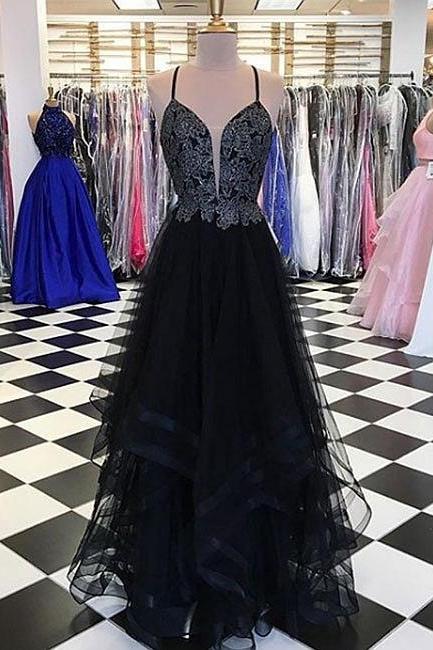 Black V Neck Lace Tulle Long Prom Dress, Black Evening Dress ,pd141051