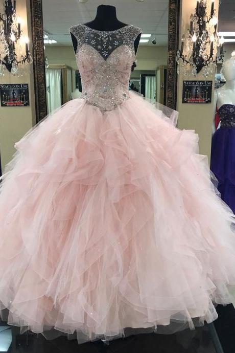 Light Pink Ball Gown,illusion Neck Tulle Skirt Quinceanera Dresses,pink Beaded Tulle Long Prom Dress,pd141059