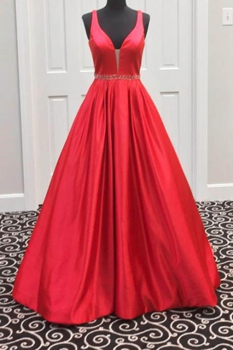 Red V-neck A-line Long Prom Dress,sleeveless Beaded Waist Evening Dress,pd141070