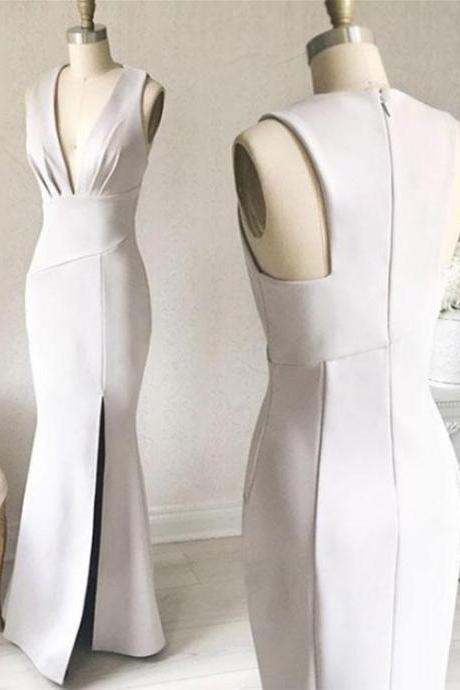 Simple White V-neck Sheath Prom Dress,long Formal Dress With Slit Side,pd141072