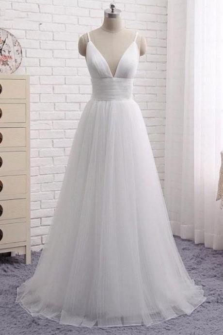 Simple White V-neck Long Tulle Prom Dress,a-line Spaghetti Straps White Evening Dress,pd141080