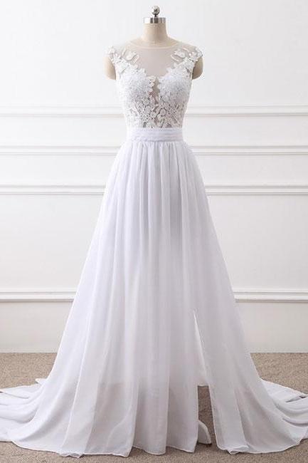 White round neck lace chiffon long prom dress, white evening dress,PD141090