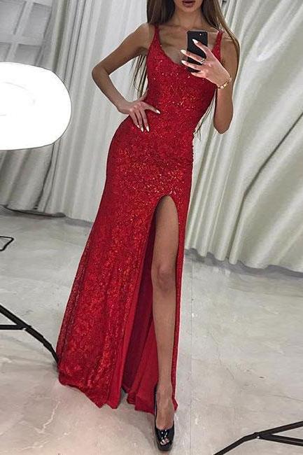 Red Lace Sequins Long Prom Dress, Mermaid Evening Dress,pd141092