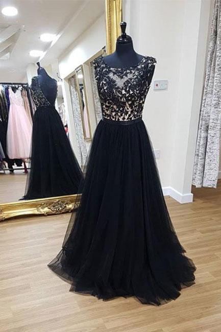 Black Lace Long Prom Dress, Black Evening Dress,pd141093