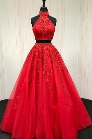 Charming Two Piece Prom Dress, Sexy Beaded Appliques Prom Dresses, Long Evening Dress,pd141101