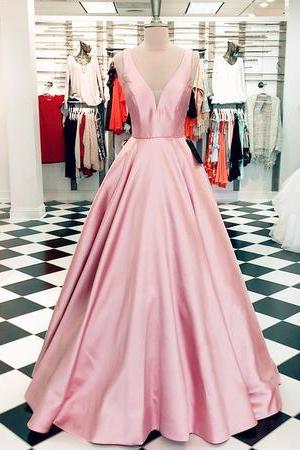 Pink Satin V Neckline Sleeveless Satin Ball Gown Prom Dress