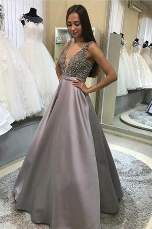 Charming V Neck Beaded Crystal Prom Dress, Sexy Floor Length Long Prom Dresses, 2018 Evening Party Dress,pd141123