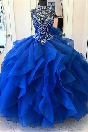 Elegant Tulle Royal Blue Crystal Beading Quinceanera Dress Ball Gown Prom Dresses,pd141137