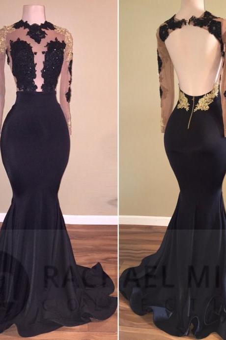 Black Prom Dresses,arabic Prom Dresses,long Sleeves Prom Dresses 2017,formal Evening Gowns Mermaid,pd141156