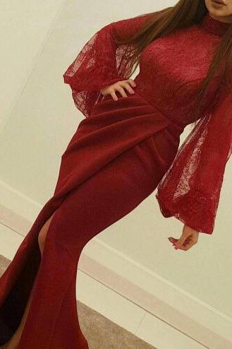 Burgundy Evening Dress, Mermaid Evening Dress, Arabic Evening Dress, Lace Evening Dress,pd141159