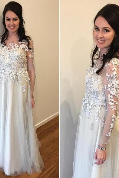 Silver Gray Prom Dress, Plus Size Prom Dress, Pregnant Prom Dress, Lace Applique Prom Dress,PD141166