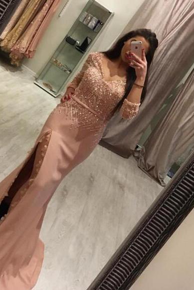 Dusty Pink Evening Dress, Beaded Evening Dress, Mermaid Evening Dress, Long Sleeve Evening Dress,pd1411103