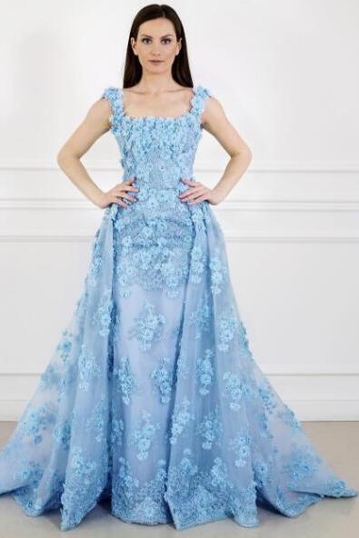 Blue Prom Dress, Floral Prom Dress, Sleeveless Prom Dress, A Line Prom Dress, Elegant Prom Dress,pd1411105