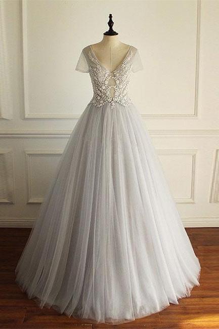 Gray V Neck Tulle Lace Long Prom Dress, Gray Evening Dress,pd1411127