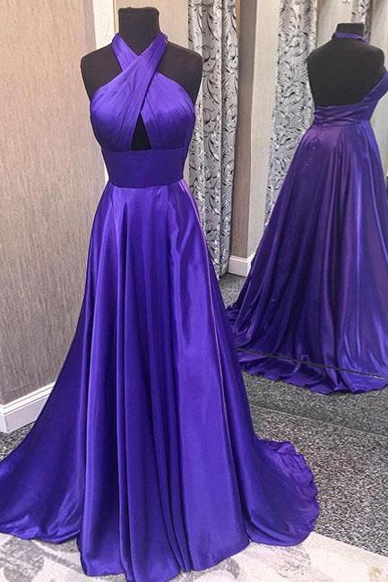 Satin Tie-Halter Floor Length A-Line Formal Dress Featuring Cutout Front and Open Back, Prom Dress,PD1411140