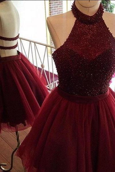 Burgundy Homecoming Dress,a Line Homecoming Dress,halter Party Dress,beading Short Prom Dress,pd1411143