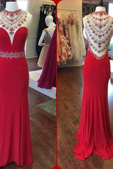 Mermaid Prom Dresses O-neck Sleeveless Sheer Back Sweep Train Chiffon And Crystal Party Dress Formal Gown,pd1411156