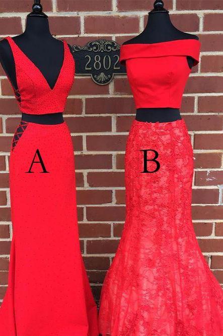 Off the Shoulder A/B Two Piece Red Prom Dresses,PD1411164