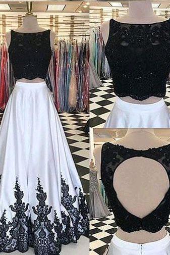 Sexy Two Piece Black Long Women's Prom Dresses with Appliques,PD1411184