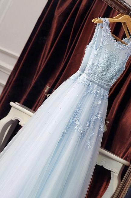 Elegant Light Sky Blue Tulle Long Prom Dresses with Appliques for Women,PD1411190