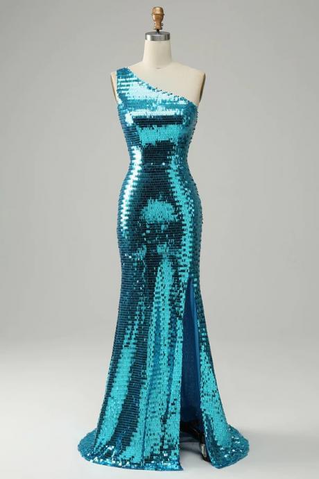 Sparkly Blue Sequins One Shoulder Long Prom Dress With Slit,pd180222
