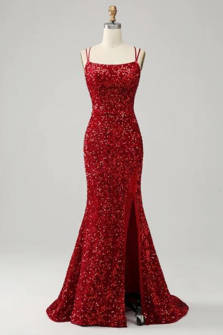 Red Sparkly Mermaid Backless Long Prom Dresses With Fringes,pd180223