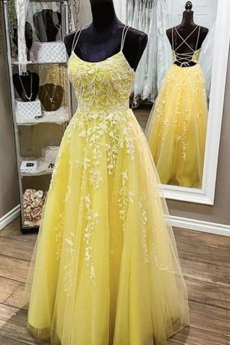 Backless Yellow Lace Formal Prom Dresses,pd180224