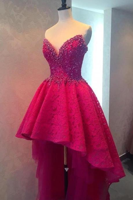 Sexy High Low Long Prom Dresses, Beaded Lace Prom Dresses, Sweetheart Prom Dresses, Fuchsia Backless Women Formal Party Dresses, Custom Made Prom Dress,PD17002