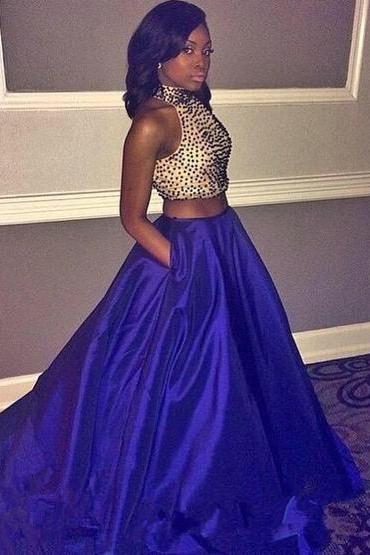 2016 Prom Dress, 2 Piece Prom Gown, Royal Blue Prom Dresses ,two Piece Prom Dresses ,satin Prom Dresses, Style Prom Gown, Beaded Prom Dress With