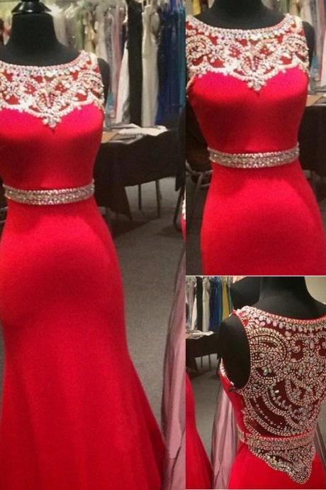 Modest Prom Dresses , New Design Red Satin Prom Dress, Slim Prom Dress, Beaded Prom Dress, Long Prom Dress, Prom dress 2016, Prom Dresses Long,PD17022