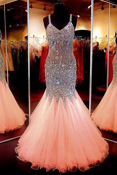 Chic Tulle Spaghetti Straps Neckline Floor-length Mermaid Prom Dress, Stunning Beaded Prom Dresses, Gorgeous Graduation Dresses,pd17035