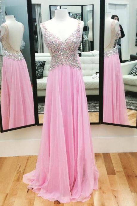 Unique Prom Dress, Sexy V-neck Prom Dress, Pink Rhinestone Prom Dress, Popular Prom Dress, Backless Prom Dress, Evening Dress 2016 ,pd17040