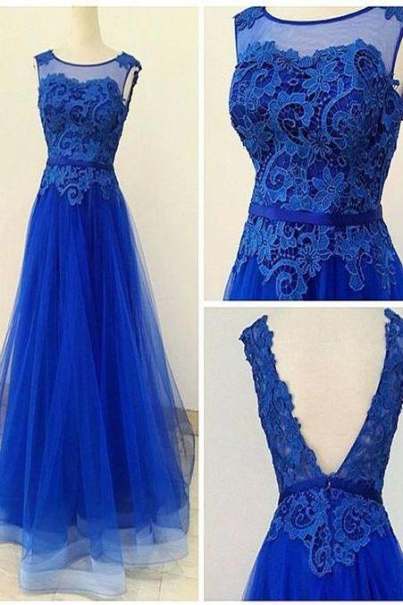 Charming Blue Prom Dresses, Blue Lace And Tulle Prom Dress, Elegant Formal Dress, Modest Prom Dress, A-line Evening Dress, Long Prom