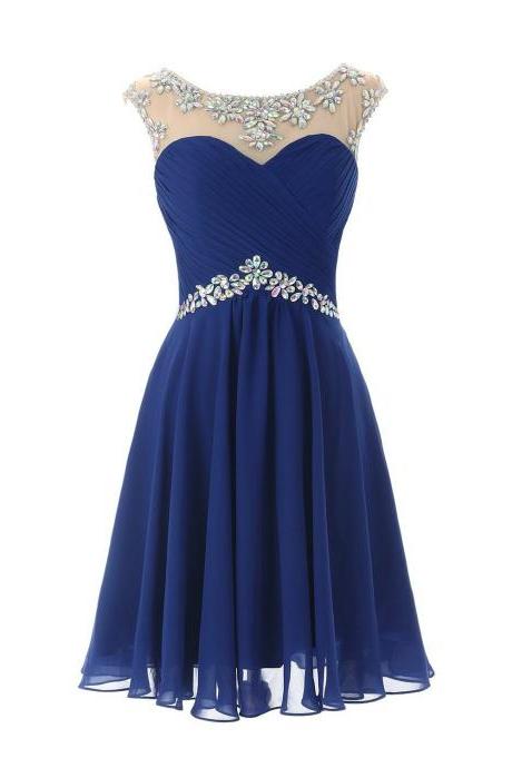 Short Blue Chiffon A-Line Homecoming Dress with Crystal Embellished Cap Sleeve Sweetheart Illusion Cutout Back Bodice