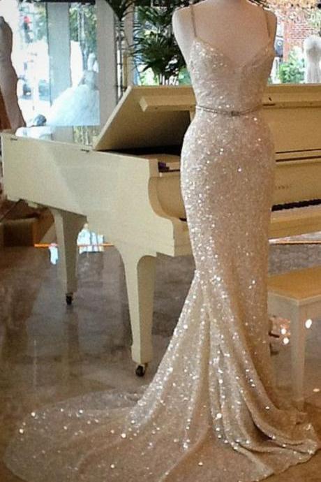 Shining Champagne Sequins Long Train Evening Dress, Prom Dresses,champagne Prom Dresses, Sequins Evening Dresses, Party Dresses, Evening Dresses,