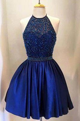 Charming Homecoming Dress, Beading Homecoming Dress, Blue Prom Dress, Halter Short Prom Dress, Party Dress For Girls, Bd676