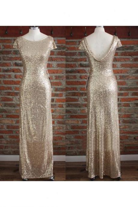 light gold sequin bridesmaid dress, long bridesmaid dress, cap sleeves bridesmaid Dress, sparkle bridesmaid dress, 2016 discount Bridesmaid Dress, BD2713