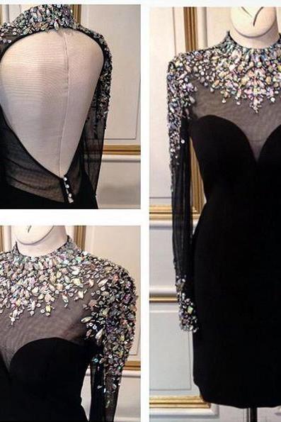 2016 Homecoming Dresses, Little Black Dress, Long Sleeves Prom Dress,short Party Dress,cocktail Dresses, Open Back Prom Dress, Bd1125