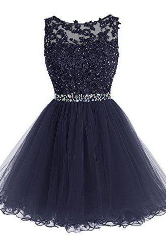 Navy Short A-line Tulle Homecoming Dress With Lace Appliqués And Beaded Embellishment Bodice