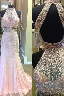 Gorgeous Long Prom Dress,high Quality Prom Dress,prom Dress 2017,pink Mermaid Prom Gowns,high Neck Halter Pearl Beaded Evening Dress,formal