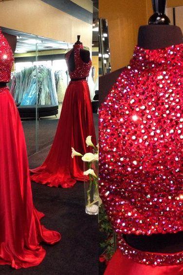 Red Prom Dress, Long Prom Dress, Two Pieces Prom Dress, High Neck Prom Dress, Prom Dress 2017, Gorgeous Evening Dress, Beading Prom Dress,fs73335