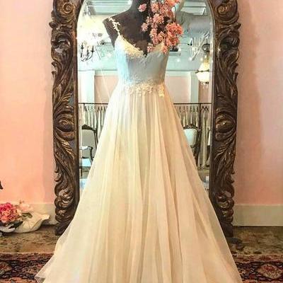 Elegant beige tulle long spaghetti straps long A-line wedding dress, formal evening dress,PD14302