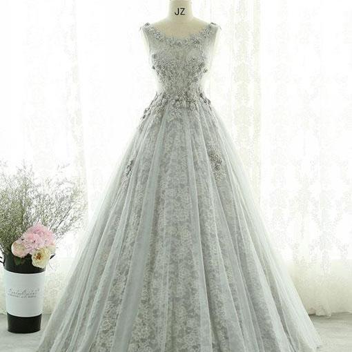 Gray lace tulle long prom dress, gray evening dress ,PD180220