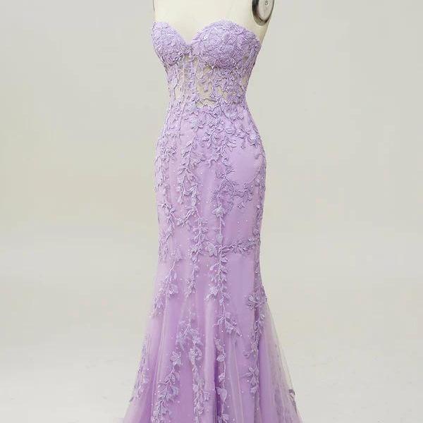 Purple Sweetheart Neck Mermaid Prom Dress With Appliques,PD180221
