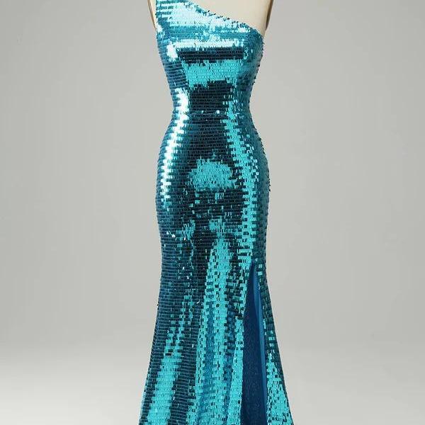 Sparkly Blue Sequins One Shoulder Long Prom Dress with Slit,PD180222