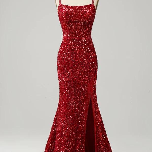 Red Sparkly Mermaid Backless Long Prom Dresses with Fringes,PD180223
