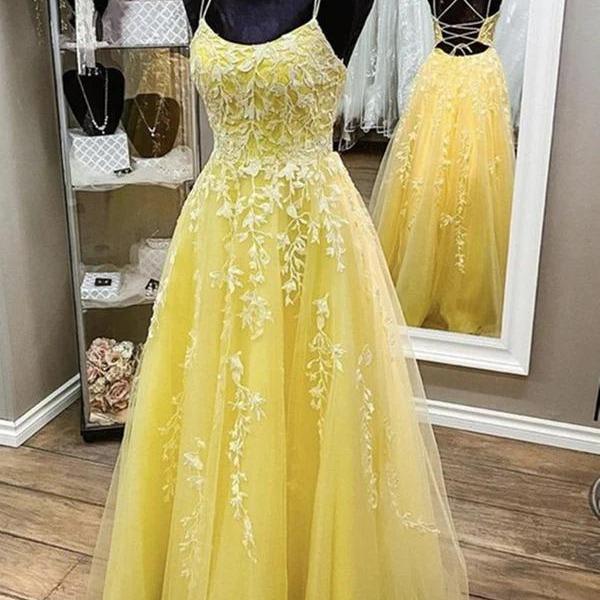 Backless Yellow Lace Formal Prom Dresses,PD180224