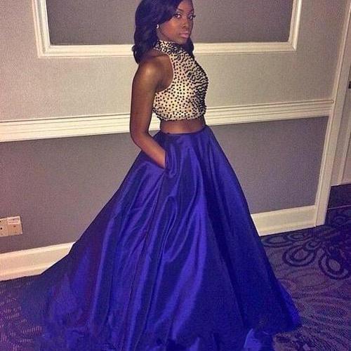 blue prom dresses 2016 2016 Prom Dress, 2 Piece Prom Gown, Royal Blue Prom Dresses ,two Piece Prom Dresses ,satin Prom Dresses, Style Prom Gown, Beaded Prom Dress With